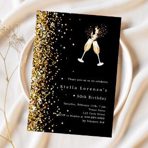 Black gold glitter cheers birthday invitation