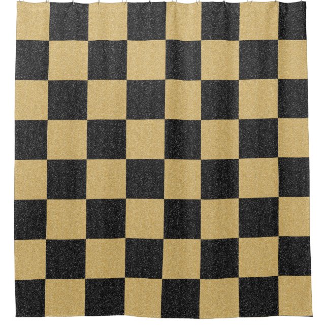 Black Gold Glitter Chequered Classy Trendy Pattern Shower Curtain (Front)