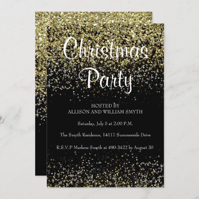 Black & Gold Glitter Christmas Party Invitations (Front/Back)