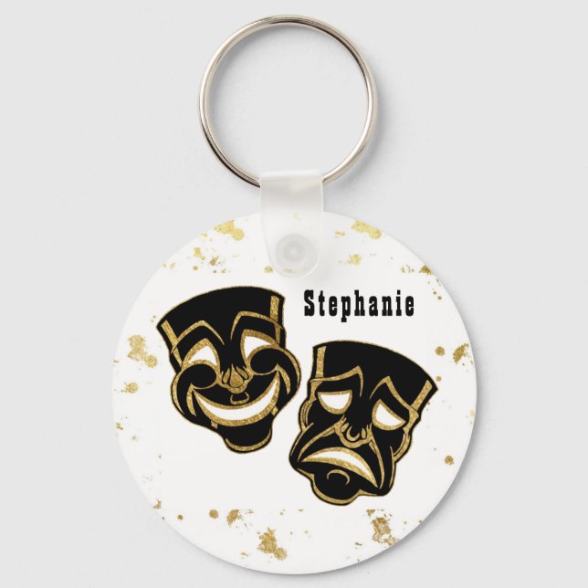 Black Gold Glitter Comedy and Tragedy Monogram Key Ring (Front)