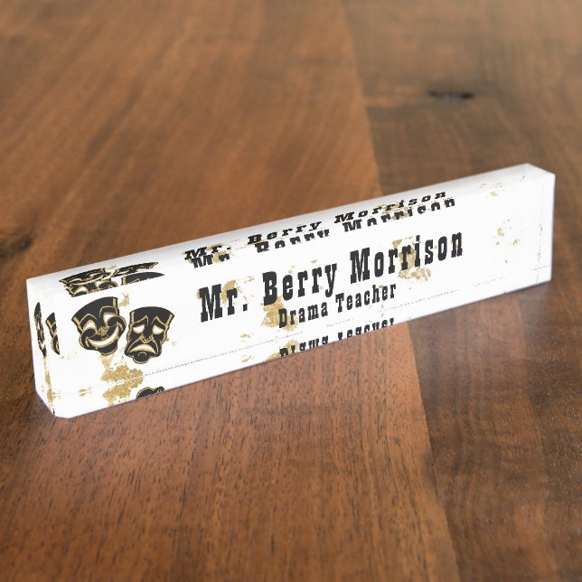 Black Gold Glitter Comedy and Tragedy Personalised Nameplate (Side)