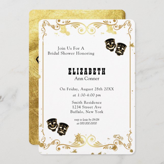 Black Gold Glitter Comedy & Tragedy Bridal Shower Invitation (Front/Back)