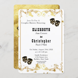 Black Gold Glitter Comedy & Tragedy Couples Shower Invitation