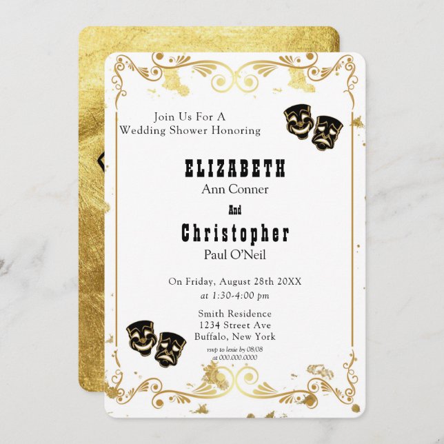 Black Gold Glitter Comedy & Tragedy Wedding Shower Invitation (Front/Back)