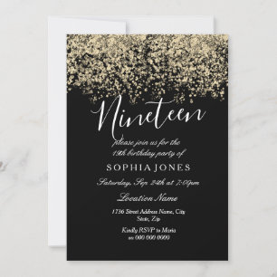 Black Gold Glitter Confetti 19th birthday party Invitation