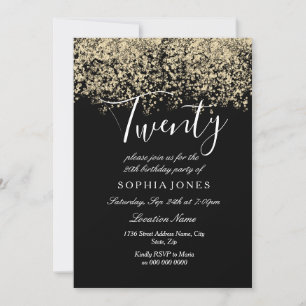 Black Gold Glitter Confetti 20th birthday party Invitation