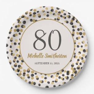 Black Gold Glitter Confetti 80th Birthday Paper Plate