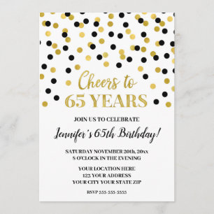 Black Gold Glitter Confetti Cheers to 65 Years Invitation