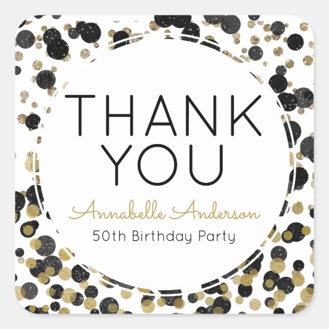 Black Gold Glitter Confetti Dot Thank You Birthday Square Sticker (Front)