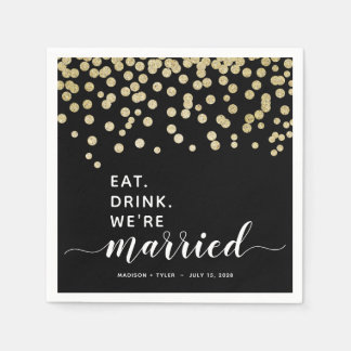 Black & Gold Glitter Confetti Eat Drink Wedding Napkin