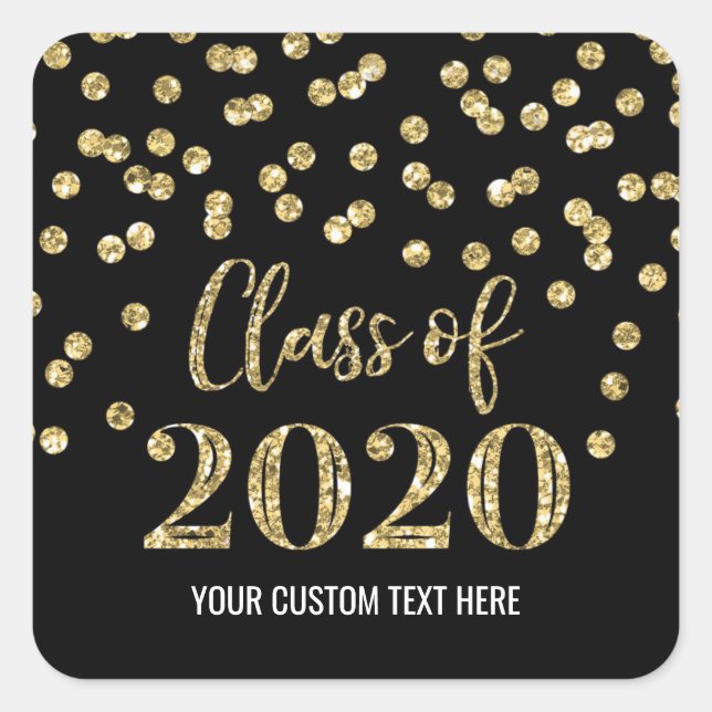 Black Gold Glitter Confetti Graduation 2020 Square Sticker (Front)