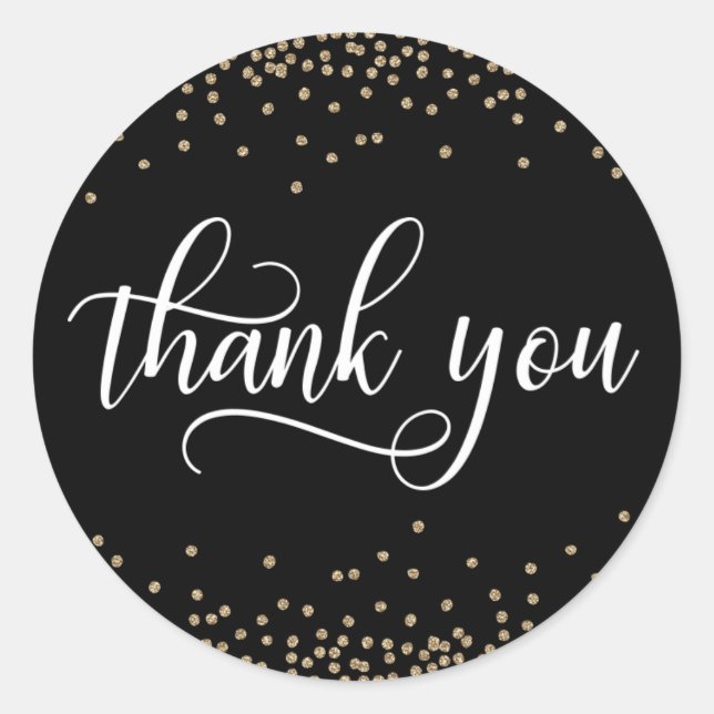 Black Gold Glitter Confetti Thank You Classic Round Sticker (Front)