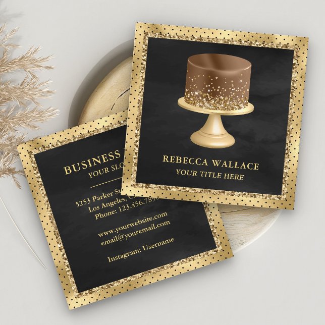 Black Gold Glitter Custom Chocolate Cake Bakery Square Business Card (Creator Uploaded)