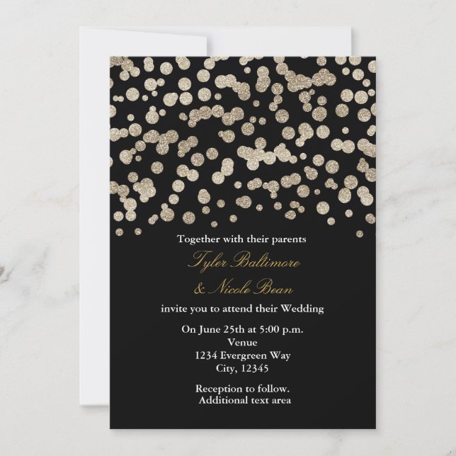 Black & Gold Glitter Dot Modern Wedding Invitation (Front)