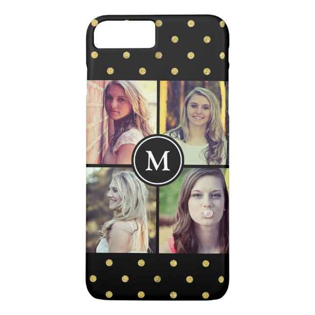 Black Gold Glitter Dots Photo Collage Monogrammed Case-Mate iPhone Case (Back)