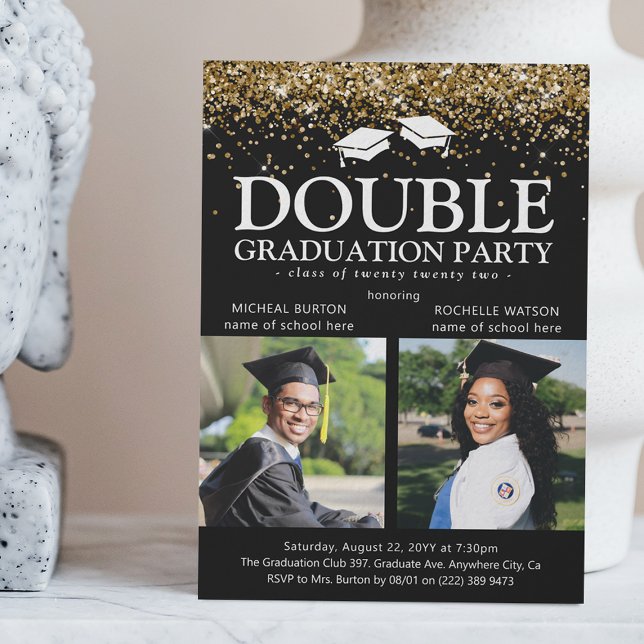 Black & Gold Glitter Double Graduation Photo Grads Invitation (Creator Uploaded)