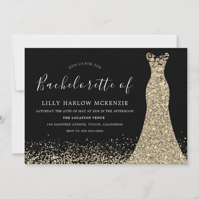 Black Gold Glitter Dress Bachelorette Party Invitation (Front)