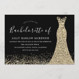 Black Gold Glitter Dress Bachelorette Party Invitation