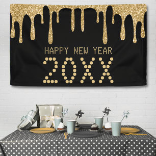Black & Gold Glitter Drip Happy New Year 2024 Banner