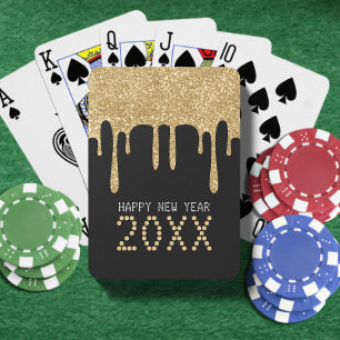 Black & Gold Glitter Drip Happy New Year 2024 Playing Cards