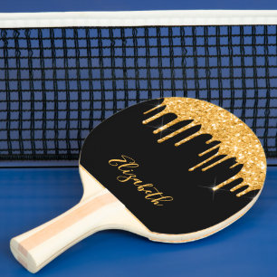 Black gold glitter drip name ping pong paddle