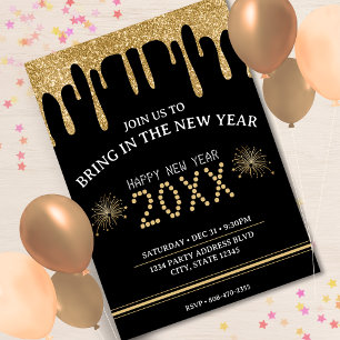Black & Gold Glitter Drip New Years Eve Party 2024 Invitation