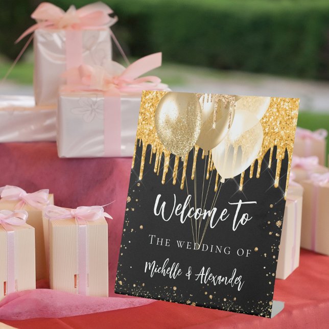 Black gold glitter drips balloons welcome wedding pedestal sign (Creator Uploaded)