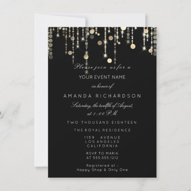 Black Gold Glitter Drips Birthday Graduation Party Invitation (Front)
