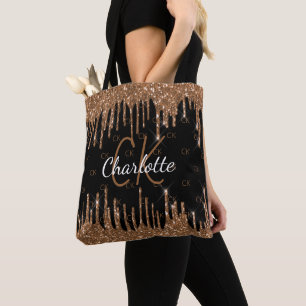 Black gold glitter drips monogram elegant tote bag