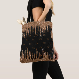 Black gold glitter drips monogram elegant  tote bag