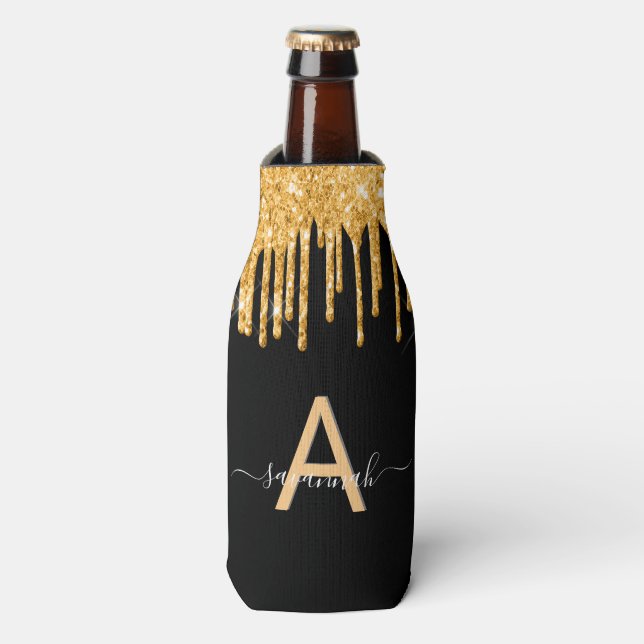 Black gold glitter drips monogram name glam bottle cooler (Bottle Front)