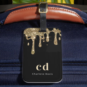 Black gold glitter drips monogram name luggage tag