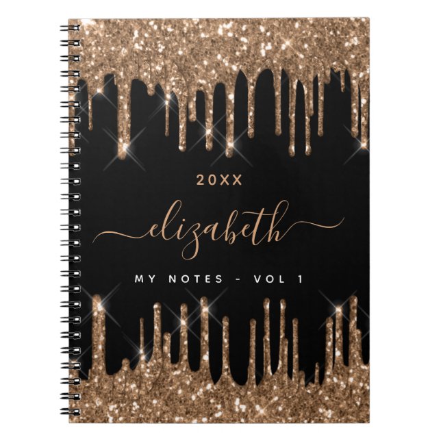 Black gold glitter drips monogram name notebook (Front)