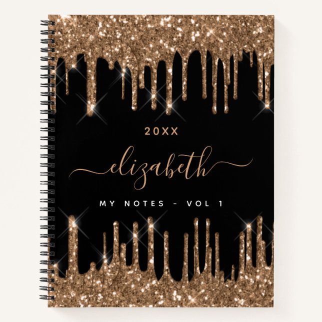 Black gold glitter drips monogram name notebook (Front)