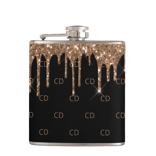 Black gold glitter drips monogram pattern hip flask (Front)