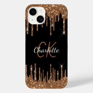 Black gold glitter drips monogram script elegant Case-Mate iPhone 14 case