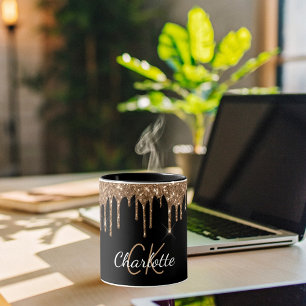 Black gold glitter drips monogram script elegant mug