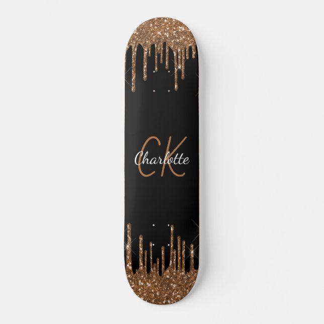 Black gold glitter drips monogram script elegant skateboard (Front)