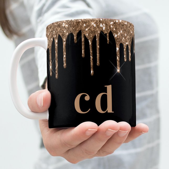 Black gold glitter drips monogram sparkle elegant coffee mug (Creator Uploaded)
