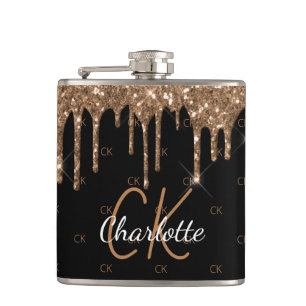Black gold glitter drips monogram sparkle elegant hip flask