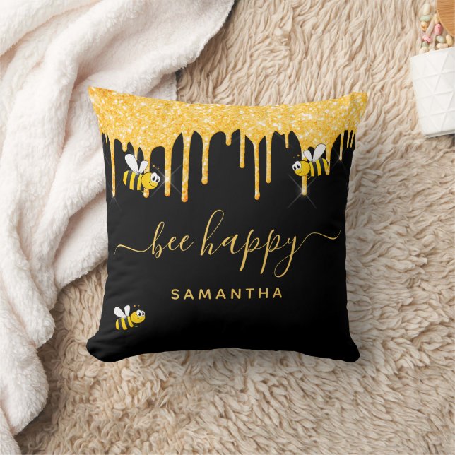 Black gold glitter drips name bee happy cushion (Blanket)