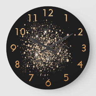 Black gold glitter dust metal name script large clock