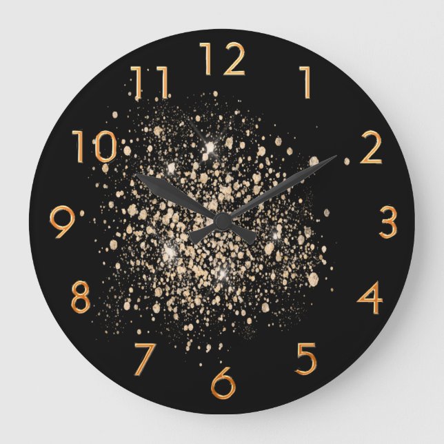 Black gold glitter dust metal name script large clock (Front)