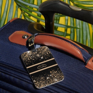 Black gold glitter dust monogram initials  luggage tag