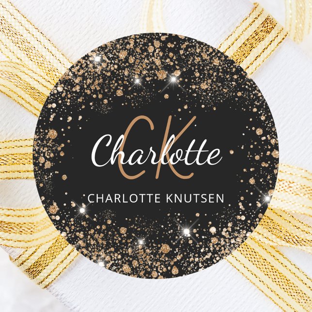 Black gold glitter dust monogram initials name classic round sticker (Creator Uploaded)