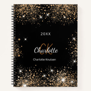 Black gold glitter dust monogram initials notebook