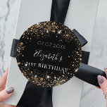Black gold glitter dust monogram name date classic round sticker<br><div class="desc">For an elegant 21st (or any age) birthday. A classic black background. Decorated with faux gold glitter dust. Personalise and add a date,  name and age 21.
Can be used for party favours and also as a Save the Date reminder for the guests.</div>