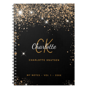 Black gold glitter dust monogram name glam notebook