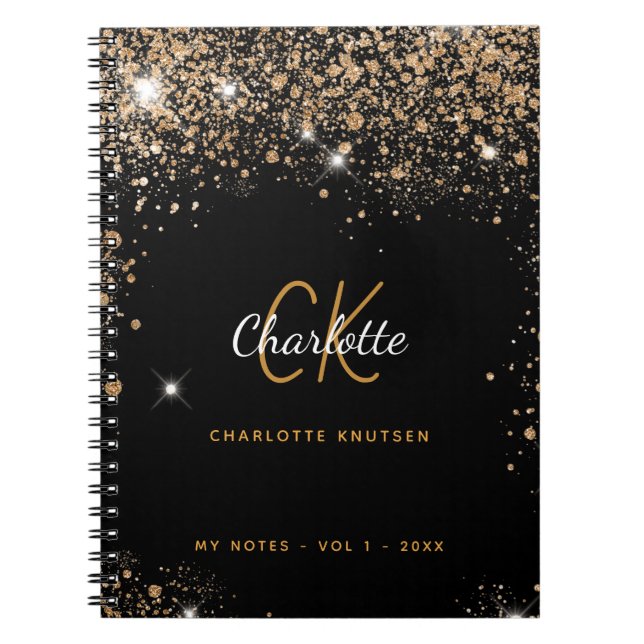 Black gold glitter dust monogram name glam notebook (Front)