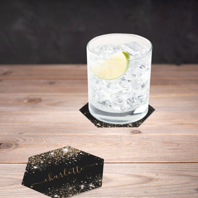 Black gold glitter dust name script paper coaster (Creator Uploaded)